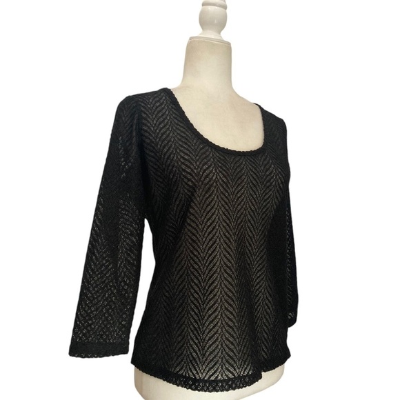 Reiss Lennox Top Scoop Neck Semi Sheer Herringbone Pattern in Black - Picture 2 of 8